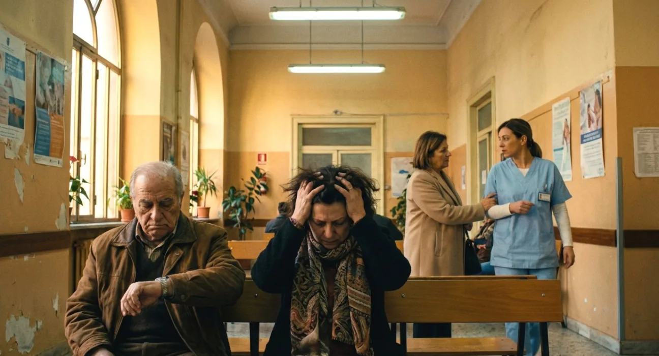 Sala d'attesa ospedale siciliano, anziano guarda l'orologio e donna esasperata aspetta le cure